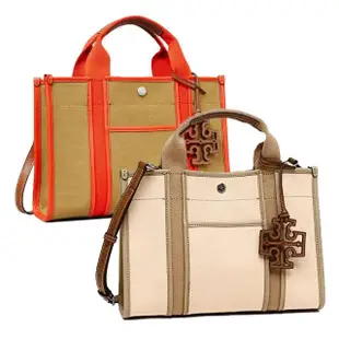 【TORY BURCH】Tory Burch 女士斜紋布小號托特包 兩色可選 橘色拼卡其.春夏新色-淡粉橘色(母親節)