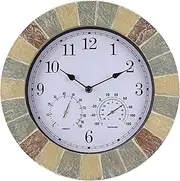 14in Large Outdoor Waterproof Wall Clock, Retro Garden Resin Wall Clock with Temperature and Humidity Meter, Silent Battery Operated Outside Decorative Clock for Patio Bathroom Kit