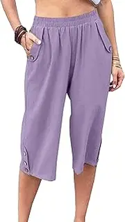 [Generic] Women's Casual 3/4 Capri Harem Pants Elastic Waist Capri Pant with Button Details Cropped Loose Solid Yoga Trousers