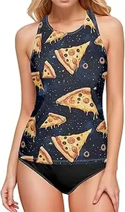 [AIXIWAWA] Women's Tankini Tops-Cosmos Pizza, Swimsuit Top for Beach Pool Vacation S