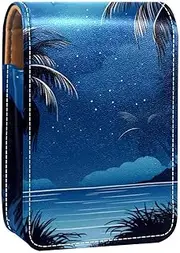 Lipstick Case,Leather Lip Gloss Lipstick Organizer with Mirror,Mini Lipstick Holder Bag,Tropical Beach at Night Pattern