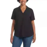 Hilary Radley Women's Blouse Short Sleeve V-Neck Shirt, Black Medium New