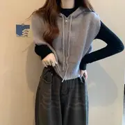 Plain Hood Zip Sweater Vest / Long-Sleeve Mock Neck Plain Top 2700 - Vest - Gray - One Size