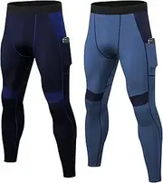 [Lanbaosi] Mens Compression Pants with Pockets Workout Leggings Running Tights Cool Dry Athletic Sports Gym Baselayer 2 Pack