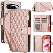 YocoverTech for Google Pixel 7a 5G Case,for Pixel 7a Flip Case,6 Card Holders +1 Cash Slot Wallet Cover Magnetic Folio Closure Purse with Wristlet Crossbody Lanyard-Rose Gold