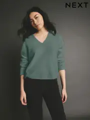 Khaki Green Premium 100% Cashmere V-Neck Knitted Jumper (E16075) | $105