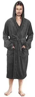 Mens Hooded Fleece Robe - Plush Long Bathrobes Small-Medium Grey