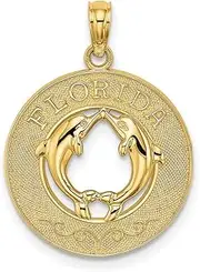 [JewelryWeb] 14ct Gold Florida Round Frame With Dolphins In Center Charm Pendant Necklace 24.7x19.1mm Wide 2mm Thick