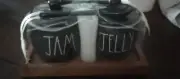 NEW RAR DUNN JAM & JELLY Set 7 Pc CERAMIC BLACK SPOONS LIDS & WOOSEN TRAY