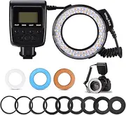 LED Macro Ring Flash Light LCD Display 48 LEDs 4 Modes 7 Brightness Levels 9 Adapter Rings Blue and Orange Diffusers for DSLR Camera