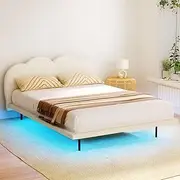 Artiss Queen Bed Frame, LED Beds Base with Storage Space Frames and Boucle Fabric Upholstered Platform Headboard Bedroom Room Decor Home Furniture, Foam + Wood Beige