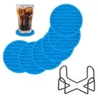 6 Pcs Round Drink Coasters with Holder, 4" Silicone Coaster, Blue(Stripes)