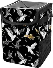 Car Trash Can with Lid and Storage Pockets Leak-Proof Organizer,Multipurpose Trash Bin for Car,Birds Black White Silhouettes
