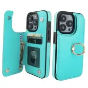 for iPhone 15 Pro Wallet Case with Card Holder, 360° Rotation Ring Light Blue