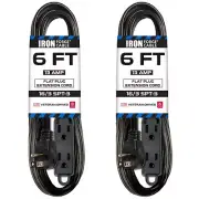 2 Pack 6 ft Flat Plug Black Extension Cord 3 Outlet Power Strip 16/3 Flat Cab...
