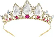 [COCIDE] Girls Crystal Tiara Gold Birthday Crown Rapunzel Pearl Headband for Kid Rhinestone Princess Hairpiece for Women Red Gem Wedding Hair Accessories for Flower Girls Halloween Costume Cosplay Gift