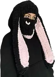 [DILINBAO] Funny Knitted Balaclava Full Face Mask Y2K Long Bunny Ears Beanie Hat Winter Ski Warm Scarf Hat Halloween Headwear(Bunny Ear-Black/Pink)