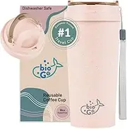 bioGo 16oz Pink Travel Coffee Cup - Reusable Mug with Lid - Microwave & Dishwasher Safe