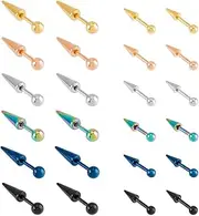 [UNICRAFTALE] 12 Pairs Stainless Steel Taper Stud Earrings Unisex Black Piercing Screw Spike Earrings Rainbow Color Piercing Stud Plug Earrings Jewelry for Rock Punk Men Women, Stainless Steel, No