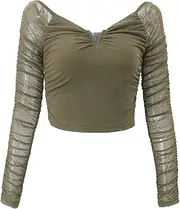[Zylphorix] Women Splicing Mesh Sleeve Crop T-Shirt Pleated Perspective Long Sleeve Short Top Solid Color Slim Gauze Pullovers Tee