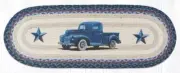 Braided Jute Hand Stenciled Oval Table Runner. Earth Rugs. BLUE TRUCK. 13" X 36"