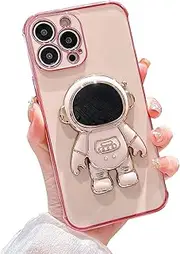 for iPhone 11 12 Pro 13 Mini 14 Plus 15 Pro Max Case,Hidden Astronaut Kickstand Stand,Gold Trim Cover,Upgrade Shockproof Pasteable Bracket,Pink,15 Plus