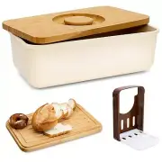 Bread Box With Bamboo Wood Cutting Board Lid & Bread Slicer Holder, Rectangul...