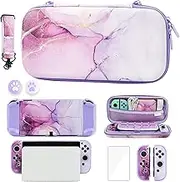 GLDRAM Marble Texture Carrying Case for Nintendo Switch OLED Accessories, Portable Travel Bag with Dockable Protective Skin, HD Screen Protector, Purple Adjustable Shoulder Strap and 2 Thumb Caps