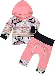 [Kashoer] 2Pcs Baby Girls' Fall Winter Long Sleeve Floral Geometric Print Hoodie + Pants Outfit Set