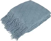 PAVILIA Knitted Throw Blanket Fringe Dusty Slate Light Blue Gray | Decorative Tassel Boho Farmhouse Decor Couch Bed Sofa Fall Outdoor | Woven Textured Afghan Soft Lightweight Cozy Acrylic 50x60