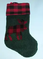 Boyds Home, Christmas moose, stocking, #88866, checked red & dark green, nubby