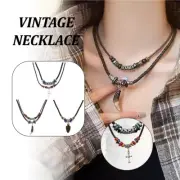 Vintage Necklace Wooden Beads Cross Leather Cord Religious Pendant Jewelry AU