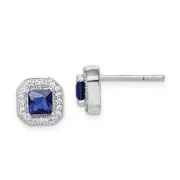 Sterling Silver Rhodium Plated Square Blue And Clear Cz Post Earrings