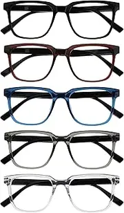 OPULIZE LEO Reading Glasses - Pack of 5 - Large Rectangular Frame - Black, Brown, Blue, Grey, Clear - Men Women - Spring Hinges - RRRRR55-1237C - +2.00, Completely black, transparent brown,