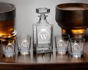 Personalized Whiskey Decanter Set with 4 Matching Glasses & a Gift Box