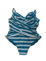 Terra & Sky One Piece Swimsuit Size 5X 32W-34W Teal Striped Bodysuits Plus Cross