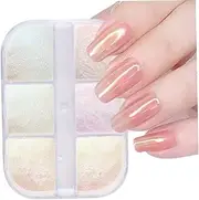 Chrome Mirror Laser Aurora Nail Powder - 6 Colors Shiny Nail Art Pigment, Pearly Highlight Glitter Dust for Wedding, Birthday, Daily Use