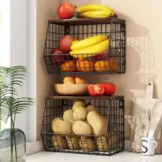 2-Piece Stackable Kitchen Basket Set with Wood Lid - Modern Storage Solution