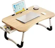 Laptop Bed Table, Portable Foldable Desk with Storage Drawer and Cup Holder, Lap Desk Laptop Stand Tray Table Floor Table Serving Tray for Eating, Reading and Working (Walnut)
