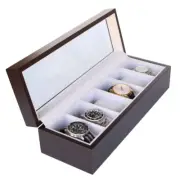 Solid Espresso Wood Unisex Watch Box Organizer with Glass Display Top by