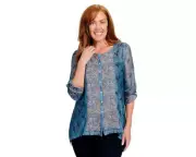 One World 1X Plus Aqua Mixed Print Buttoned Knit Blouse Top NWT