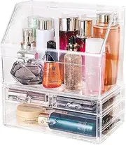 SuoXing Acrylic Makeup Organizer for Vanity,Bathroom Countertop,Clear Cosmetic Storage Organizer With Dustproof Lid and 3 Drawers for Beauty,Skincare Products Organizing Containers