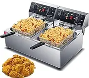 10L+10L Deep Fat Fryer, 6000W Electric Deep Fryer w/Non-Slip Easy Clean Adjustable Temperature Control Stainless Steel Fryer with Basket & Lid
