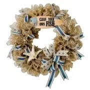 Home Decor Handcrafted Clean Your Own Fish Burlap Mesh Ribbon Door Wreath NEW