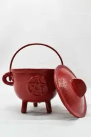 Cauldron with Lid, CAST IRON, Pentagram, Red, Size: 12 x 13cm Ht