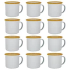 12x White Enamel Mugs Steel Outdoor Camping Tea Coffee Cup 375ml Yellow