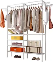 6-Tier Garment Rack with 2 Hanging Rods and 4 Adjustable Hooks - White