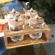 Set Thai Kitchen Seasoning Box Condiment Storage Container Wooden Glass Spice
