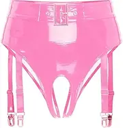 [Rswnyirn] Women's PVC Leather High Waisted Open Crotch Thong Underwear with Garter Clips Suspender