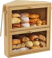 WOWLIVE Corner Bread Box for Kitchen Countertop, Large Double Layer Bread Storage Container for Homemade Bread, Black Bread Holder for Kitchen Counter, Under Cabinet Organizer (Natural, Extra Large)